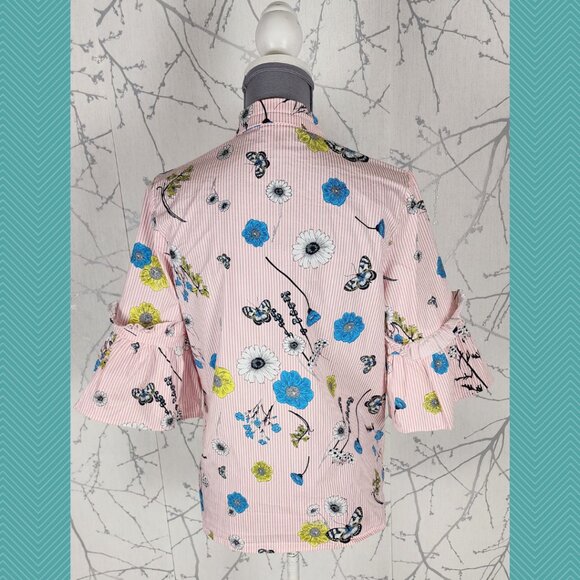 Silent Chaos Pink Floral Print Cotton Stretch Bell Sleeve Blouse - Picture 3 of 4